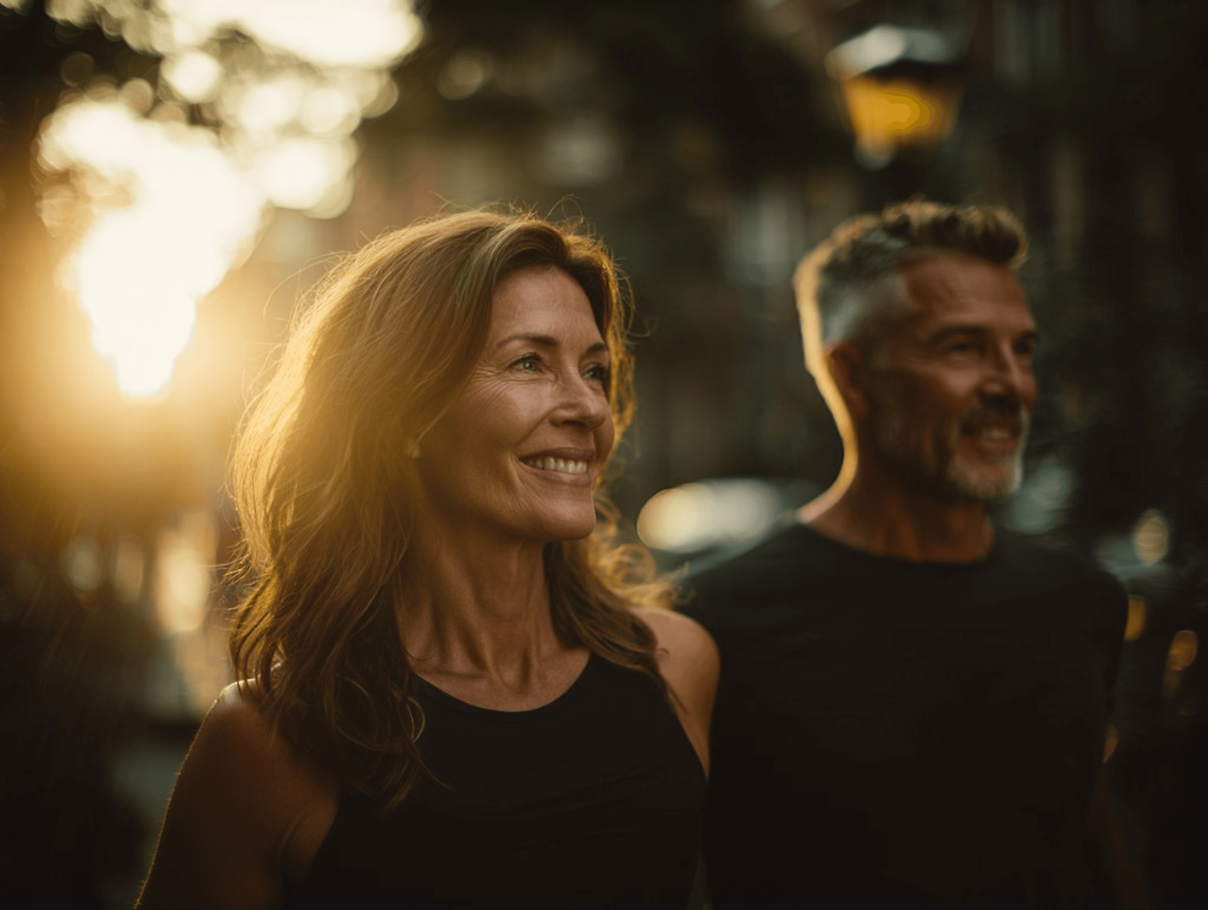 Couple outdoors at sunset, active and healthy